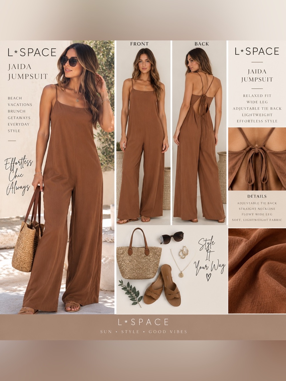 NWT- L*SPACE Jaida Jumpsuit XL NWT Brown Wide Leg Open Back Resort $132